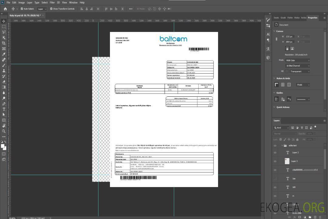 Modèle de facture de services publics de télécommunications Baltcom en Lettonie aux formats Word et PDF (version lettone) template